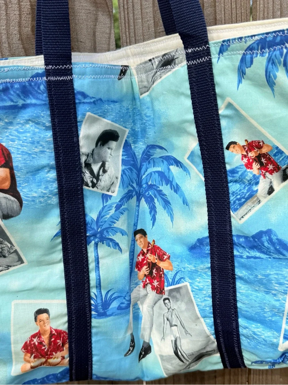 Vintage Elvis Presley Hawaiian Tote Bag Blue Tropical Beach Quilted Large